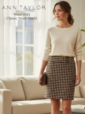 Ann Taylor Houndstooth Boucle Wool Blend Skirt Size 6 Brown Tan